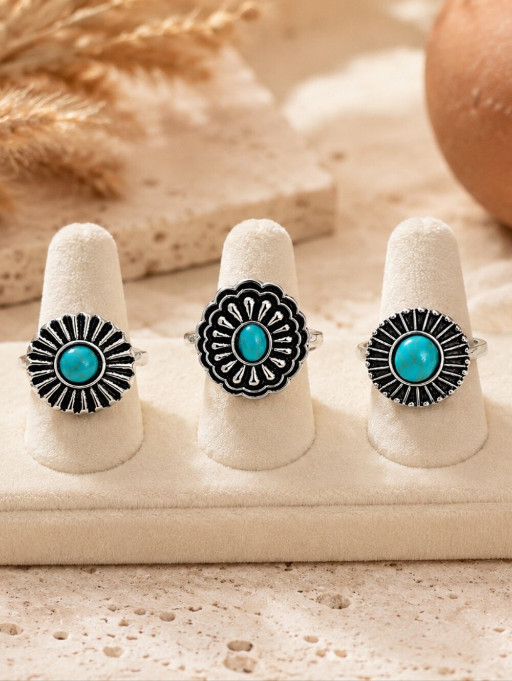 Turquoise Silver Floral Statement Ring - Women Jewelry